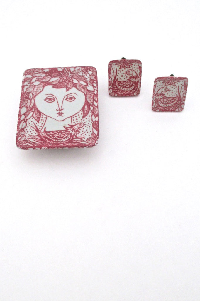 Nymolle Denmark vintage faience ceramic brooch earring boxed set Scandinavian Modern jewelry design Wiinblad influence