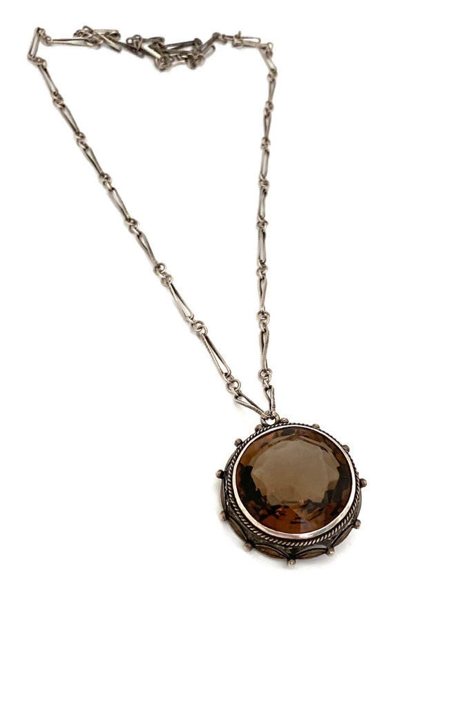 ORNO-Poland-vintage-extra-large-textured-silver-smoky-quartz-pendant-necklace-Modernist-jewelry-design