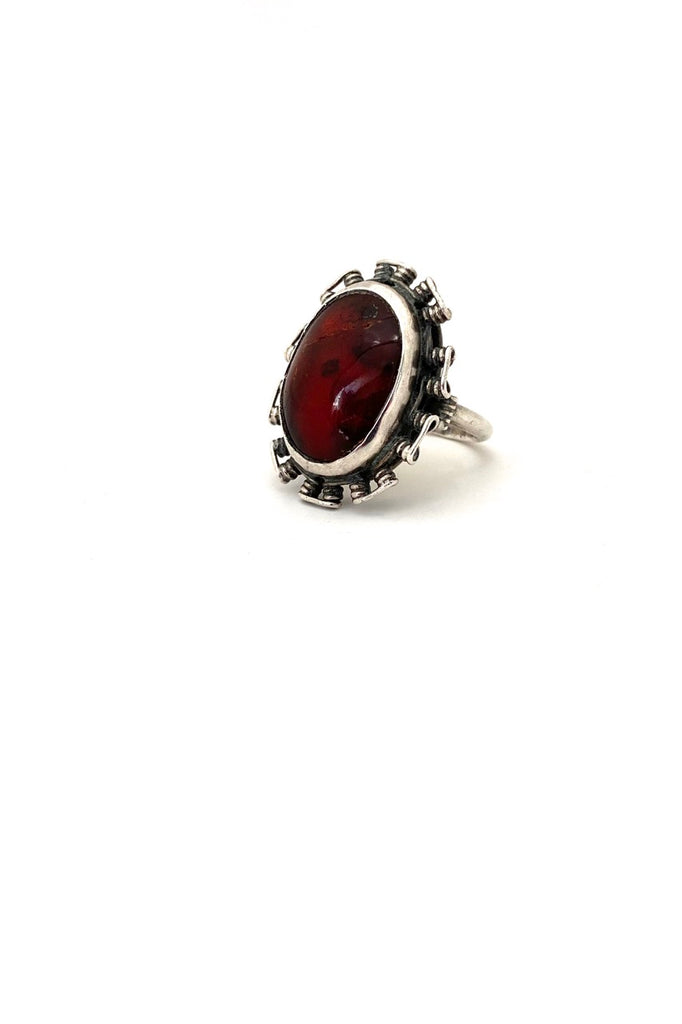 vintage 800 silver amber hand wrought ring ORNO Poland Modernist jewelry design