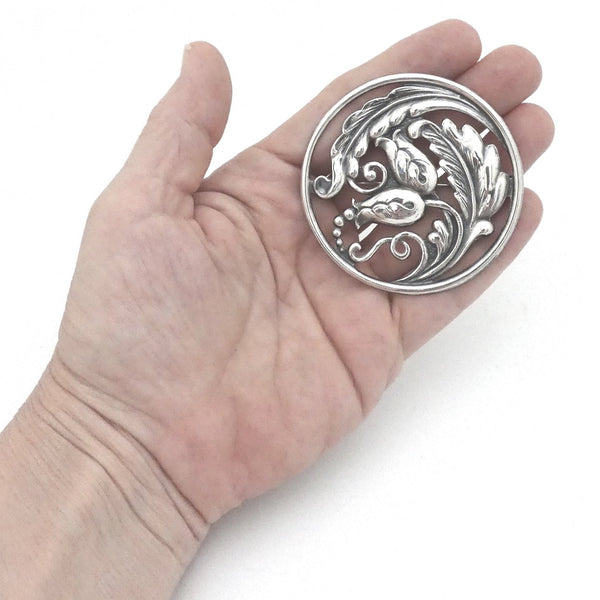 detail Carl Poul Petersen Canada vintage silver extra large floral brooch Danish influence design jewelry