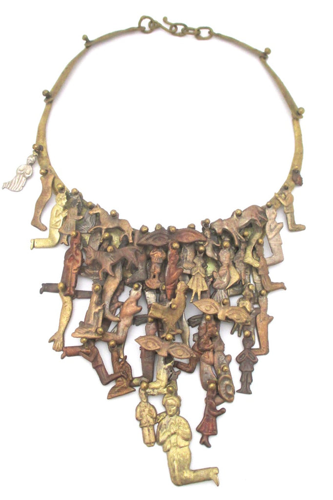 Pal Kepenyes Mexico massive vintage brass copper kinetic milagros necklace wearable sculpture