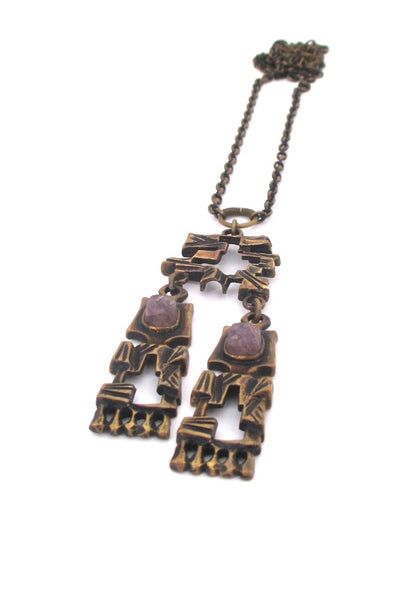 Pentti Sarpeneva Finland large vintage bronze raw amethyst kinetic pendant necklace