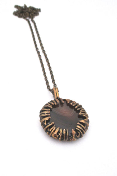 Pentti Sarpaneva Finland vintage brutalist bronze banded agate pendant necklace