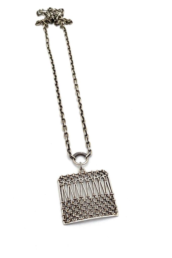 Pentti Sarpaneva Finland vintage silver openwork square pendant necklace 1974 Scandinavian Modernist jewelry design