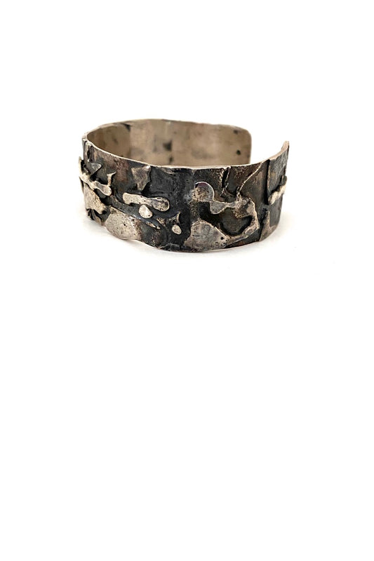 Pepe and Maureen Canada vintage brutalist silver hand wrought cuff bracelet Modernist jewelry design