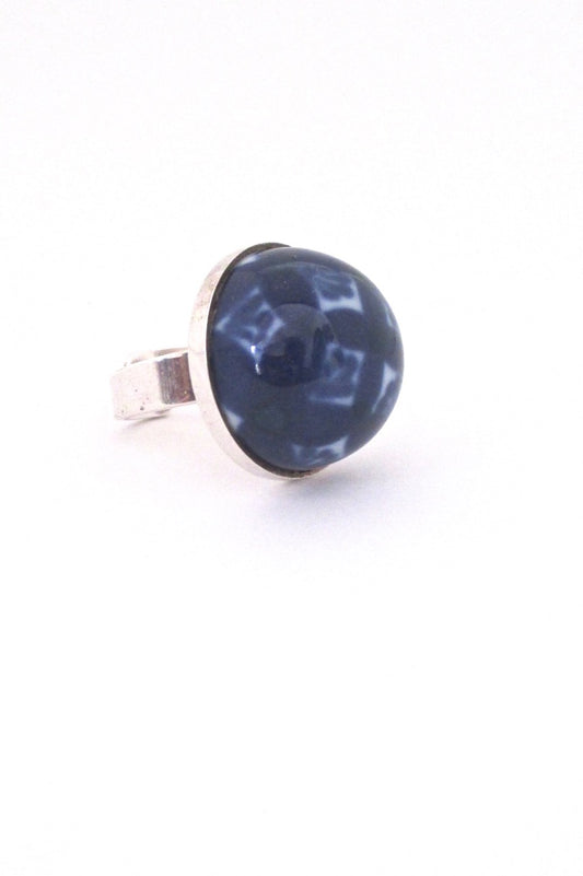 Porsgrund Norway vintage silver porcelain large dome ring cobalt blue 