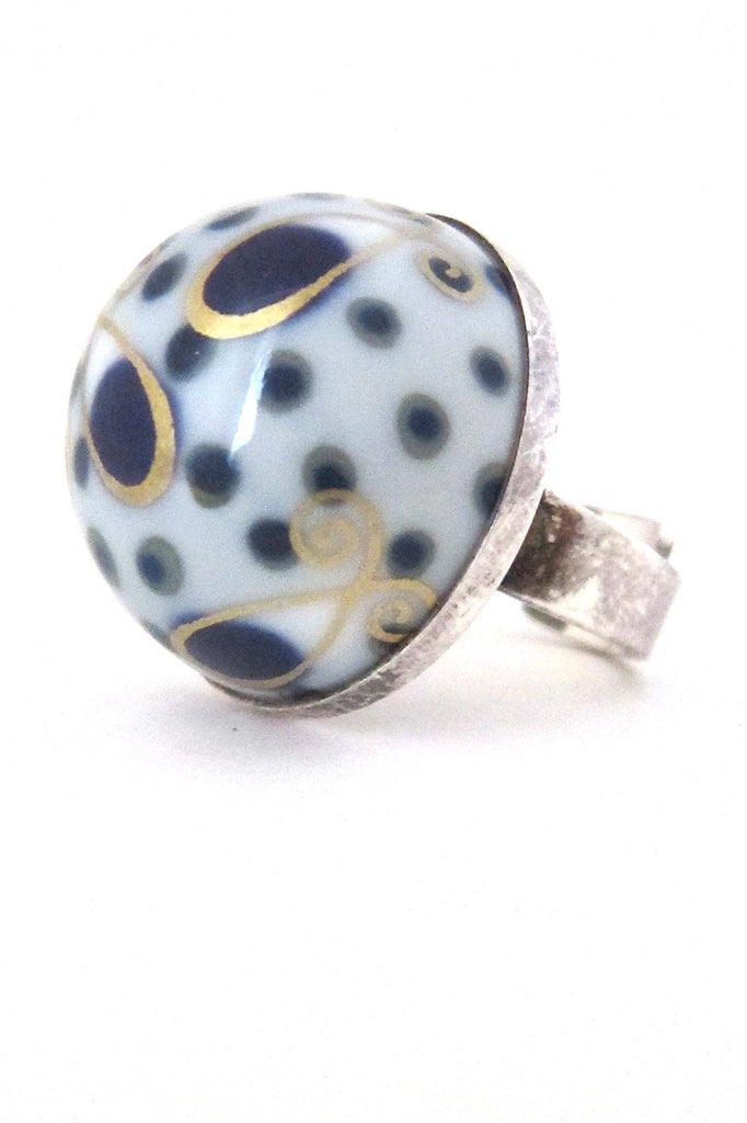 Porsgrund Norway vintage silver porcelain large ring by Anne Marie Odegaard Nordic jewellery