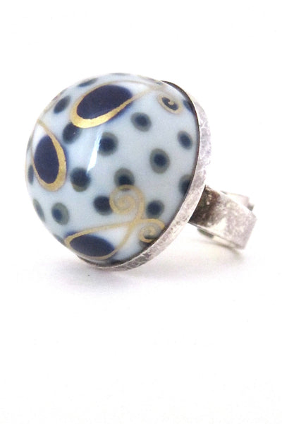 Porsgrund Norway vintage silver porcelain large ring by Anne Marie Odegaard Nordic jewellery