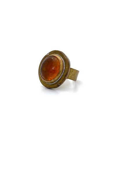 Rafael Alfandary Canada vintage brutalist round brass amber glass ring