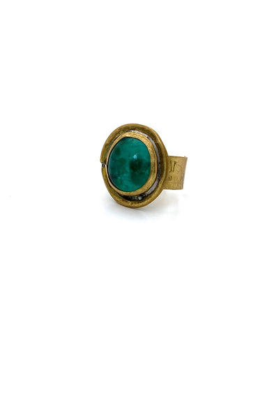 Rafael Alfandary Canada vintage brutalist brass green glass oval ring 