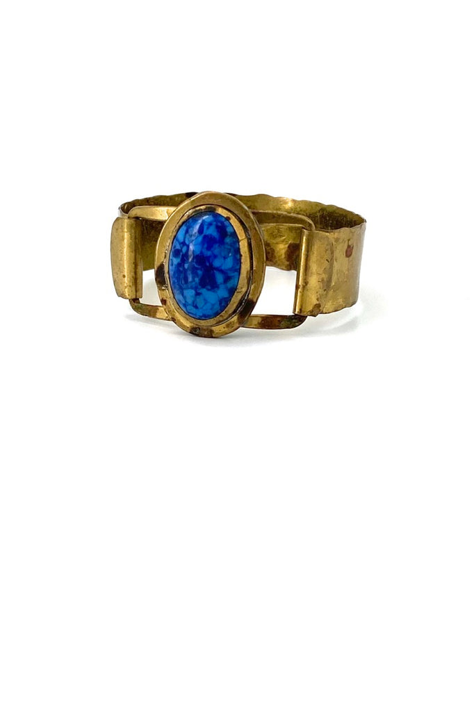 Rafael Alfandary Canada vintage brutalist brass hinged bracelet mottled blue glass Canadian jewelry design