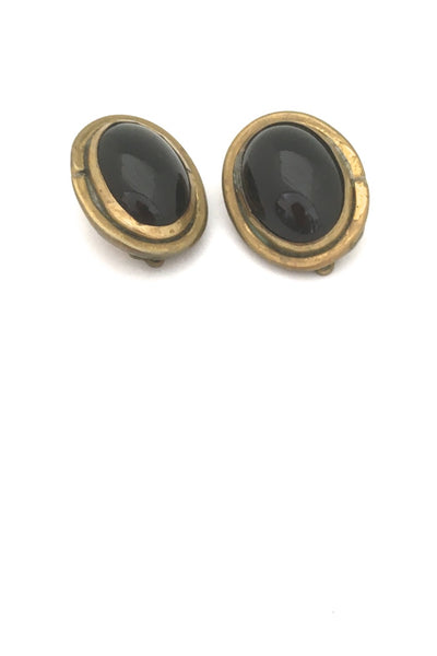 Rafael Alfandary Canada vintage brutalist large brass black glass oval earrings