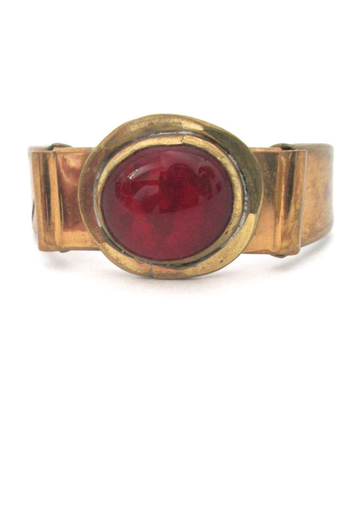 Rafael Canada vintage brutalist brass red stone hinged bracelet