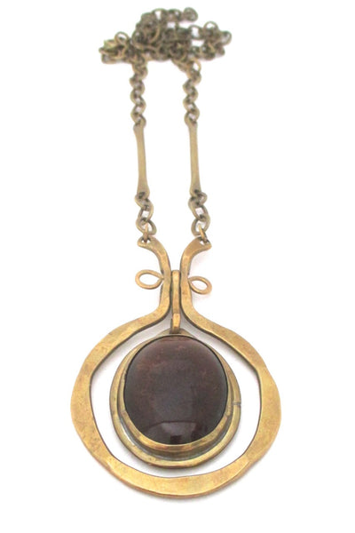Rafael Alfandary Canada large vintage brutalist brass and glass dark amber kinetic necklace