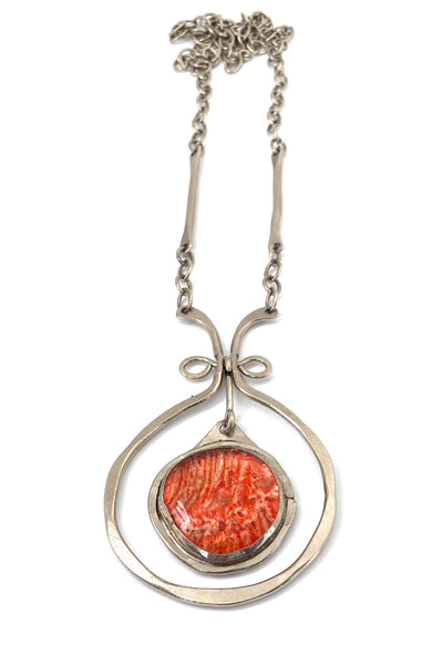 Rafael Alfandary Canada vintage brutalist silver tone classic kinetic pendant necklace striped red glass stone