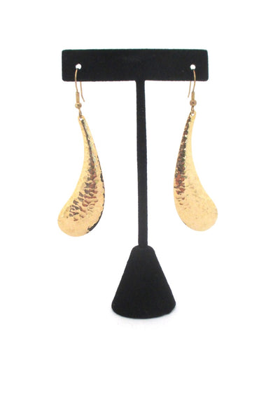 Rafael Canada long gold tone hammered drop earrings vintage Canadian jewelry