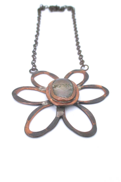 detail Rafael Alfandary Canada vintage brutalist copper and clear large daisy pendant necklace