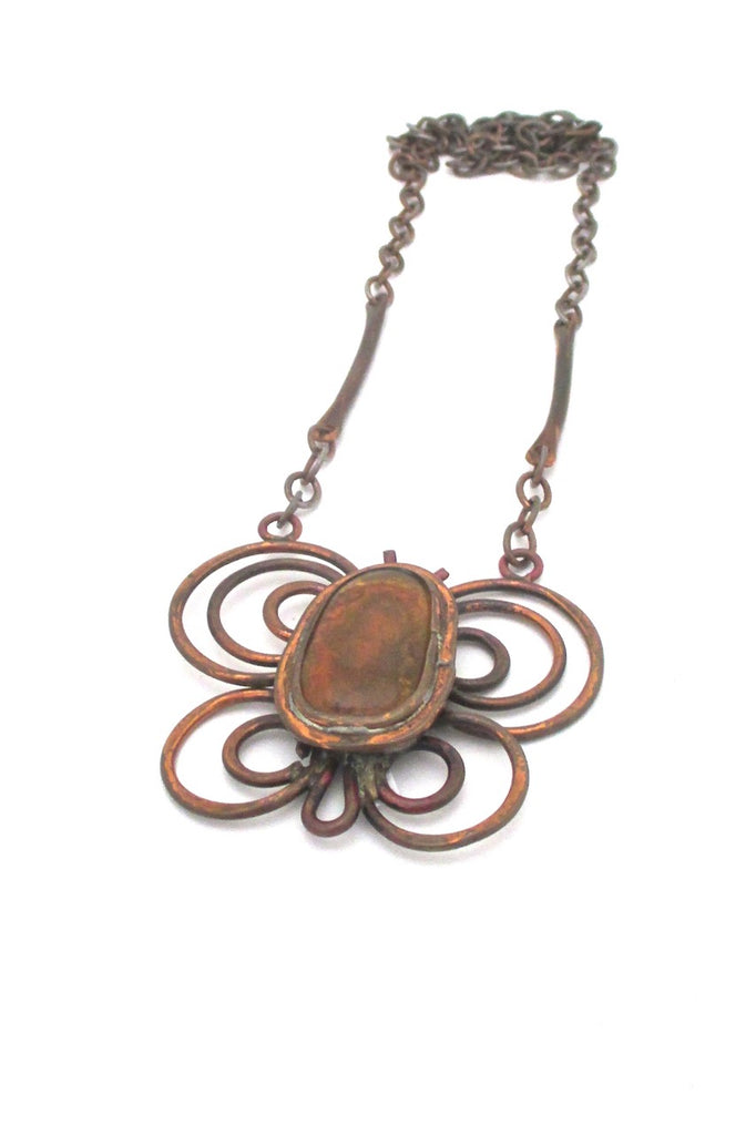 Rafael Alfandary Canada large copper butterfly pendant necklace amber glass stone vintage jewelry