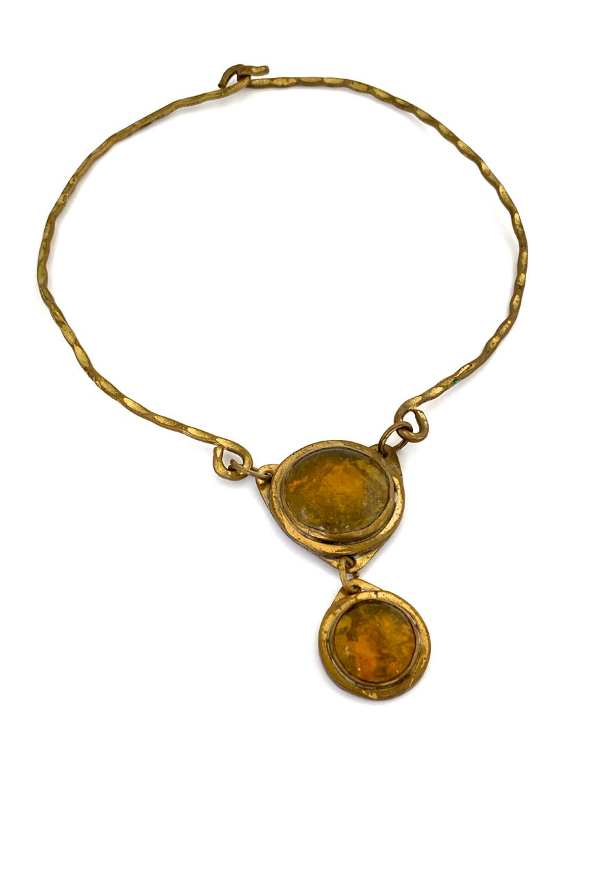 Rafael Alfandary Canada vintage brutalist brass amber glass double pendant choker necklace Canadian design jewelry