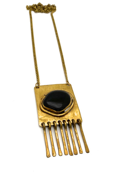 Rafael Alfandary Canada vintage brutalist brass black glass rectangular fringe necklace