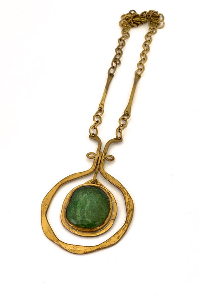 Rafael Alfandary Canada vintage brutalist brass green glass large classic kinetic pendant necklace