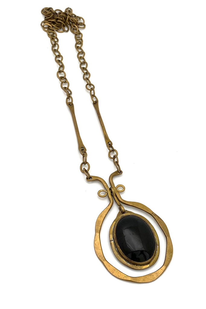 Rafael Canada large classic kinetic brass pendant necklace ~ black glass stone