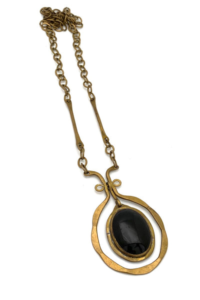 Rafael Canada large classic kinetic brass pendant necklace ~ black glass stone