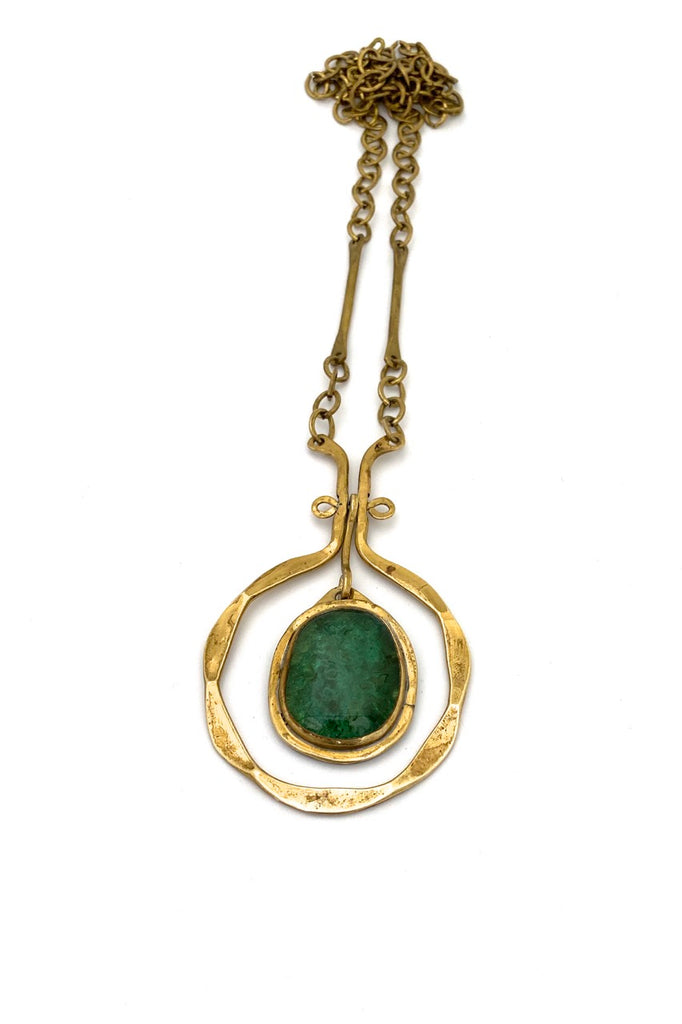 Rafael Alfandary Canada vintage brass classic kinetic pendant necklace clear green glass stone