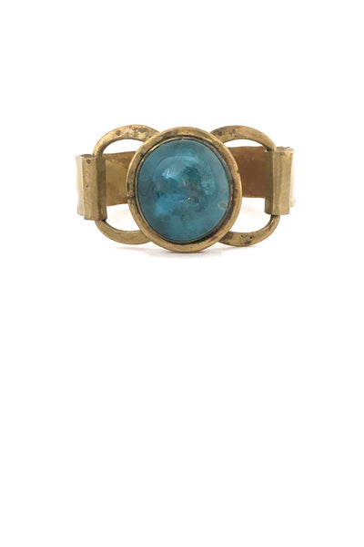 Rafael Alfandary Canada vintage brass aqua clear blue stone hinged bracelet Modernist jewelry design