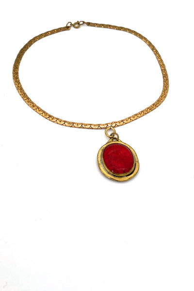Rafael Alfandary Canada vintage brass clear red glass choker pendant necklace Canadian jewelry design