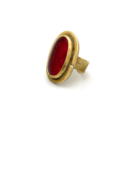 Rafael Alfandary Canada vintage brutalist brass oval ring clear red glass