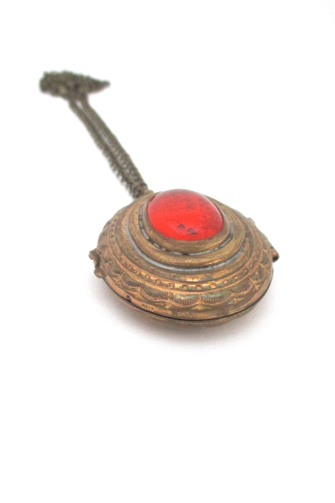 Rafael Alfandary Canada vintage brutalist brass tangerine orange glass locket pendant necklace