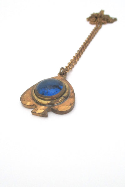 Rafael Alfandary Canada vintage brutalist brass water blue glass fish pendant necklace