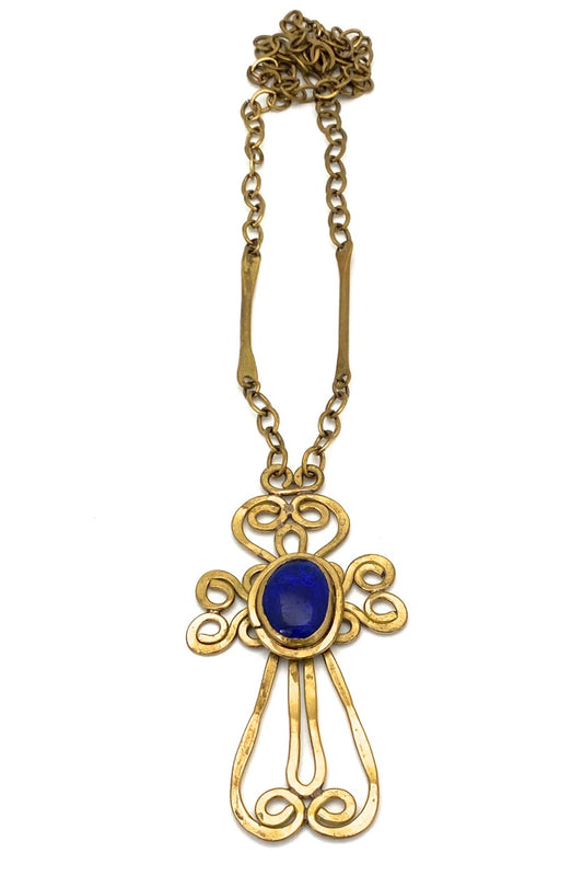 Rafael Alfandary Canada vintage brutalist brass large fancy cross pendant necklace cobalt blue