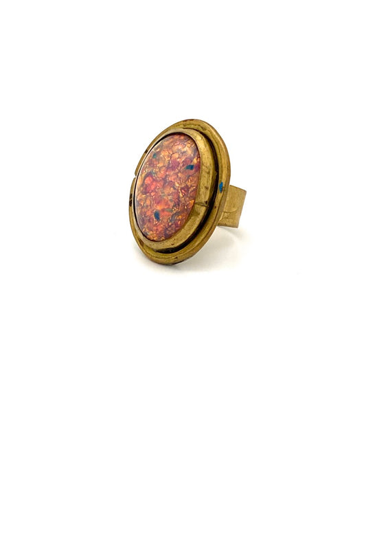 Rafael Alfandary Canada vintage brutalist brass faux opal glass large oval ring