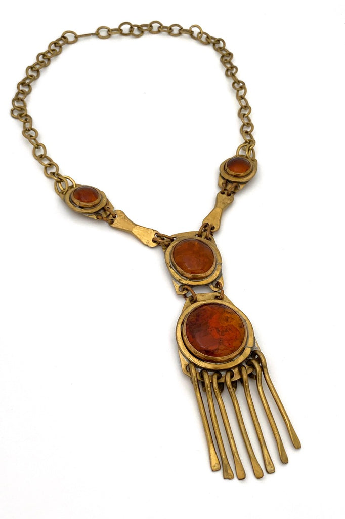 Rafael Alfandary Canada vintage brass amber glass four stone fringe necklace