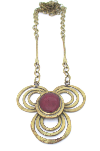 Rafael Alfandary Canada vintage brutalist brass and red glass trefoil necklace