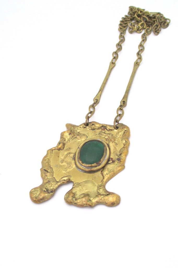 Rafael Alfandary Canada vintage brutalist brass large pendant necklace grass green stone