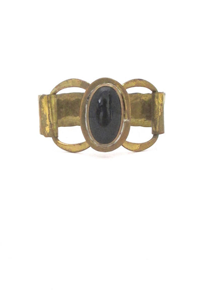 Rafael Alfandary Canada brass hinged bracelet black glass stone vintage Canadian Modernist jewelry