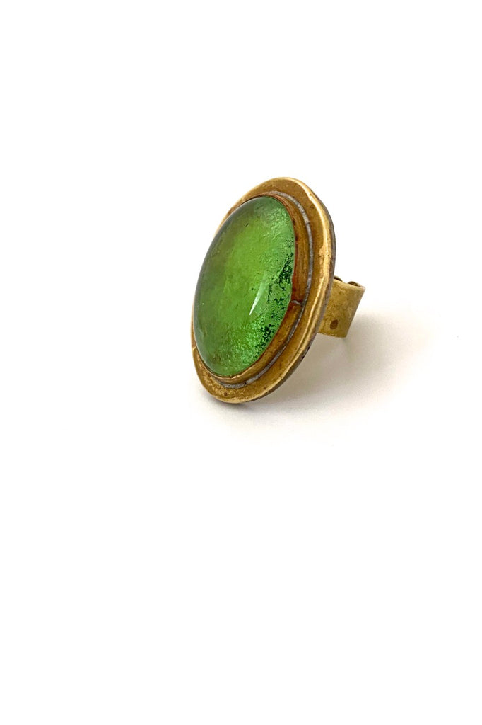 Rafael Alfandary Canada vintage brutalist large brass oval ring clear light green glass stone
