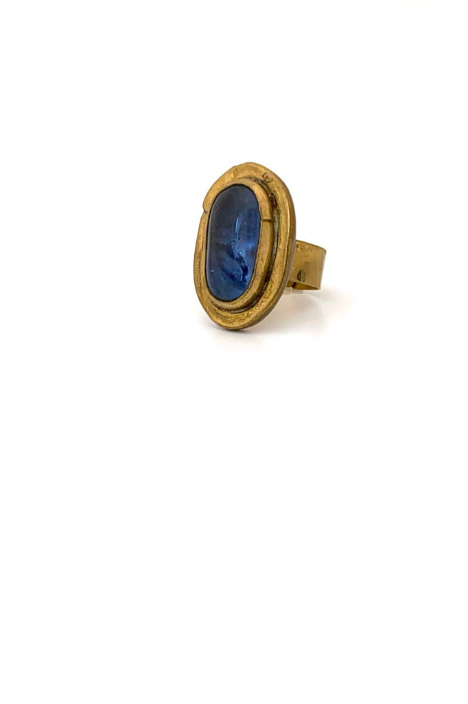 Rafael Alfandary Canada vintage brutalist oval brass ring blue grey glass stone