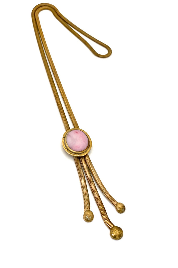 Rafael Alfandary Canada vintage long brass pink swirl glass necklace with tassel