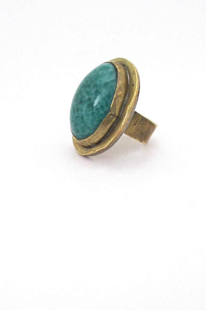 Rafael Alfandary Canada vintage brass speckled green glass large ring