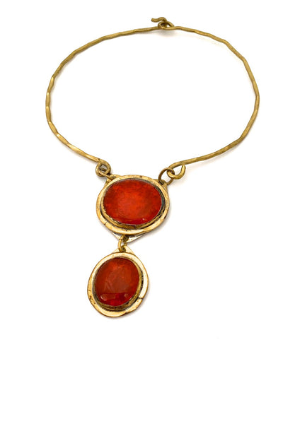 Rafael Alfandary Canada vintage double stone brass necklace clear bright orange glass stones