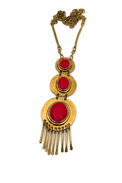 Rafael Alfandary Canada vintage brutalist brass bright opaque red glass triple fringe pendant necklace