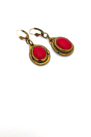 Rafael Alfandary Canada vintage brutalist brass opaque bright red glass drop earrings
