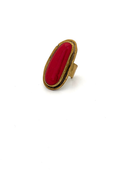 Rafael Alfandary Canada vintage brutalist brass bright opaque red glass extra long ring