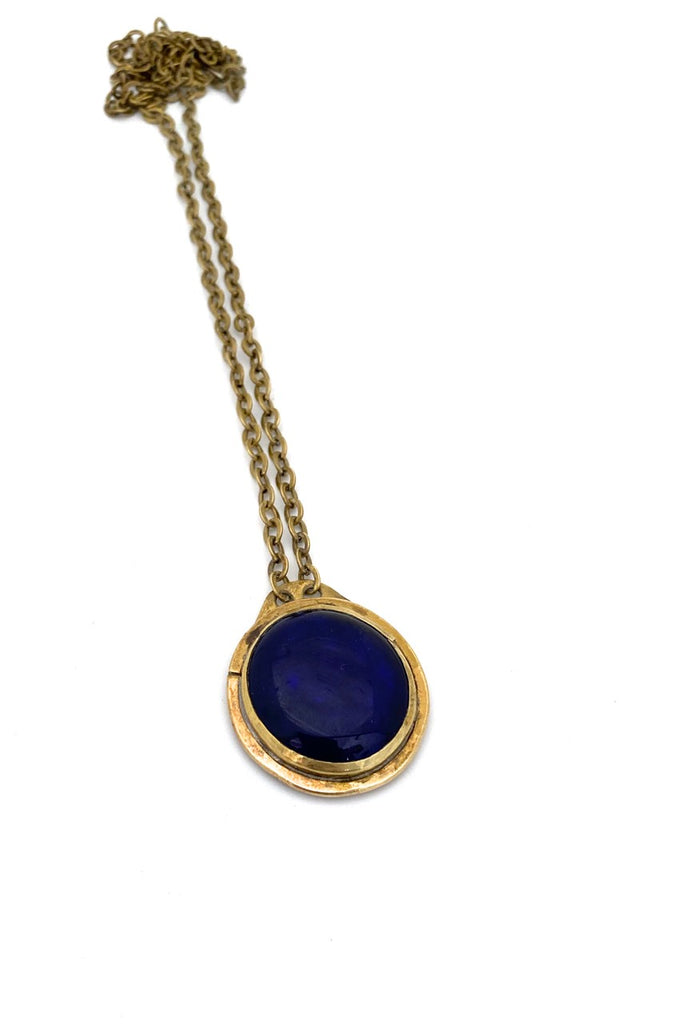 Rafael Alfandary Canada vintage brass clear dark blue glass pendant necklace