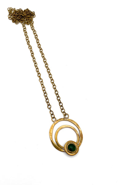 Rafael Alfandary Canada vintage brass dark clear green glass pendant necklace