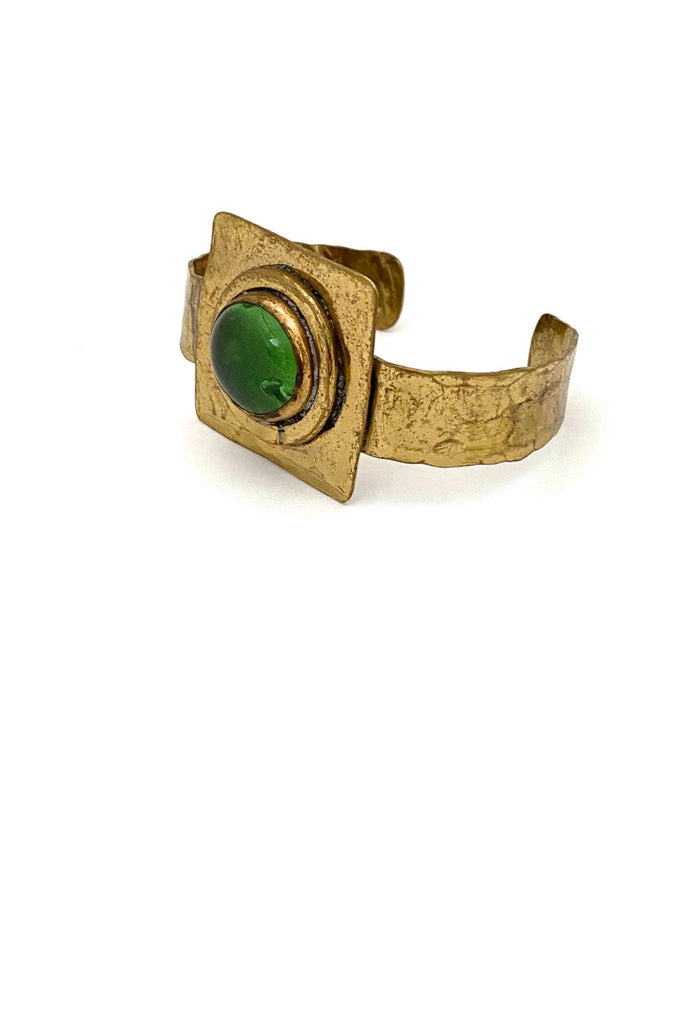 Rafael Alfandary Canada vintage brutalist brass glass clear grass green cuff bracelet mid century jewelry design 1970s